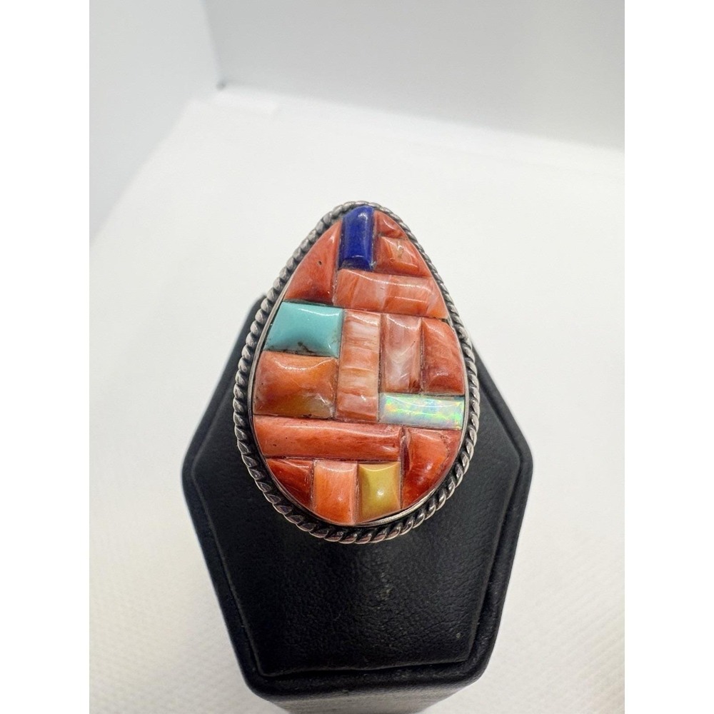 Navajo Sterling Silver Inlay Ring Size 5.75 Signed SG Native American Coral Opal